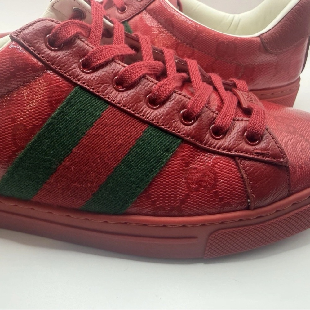 Gucci Red Leather Low-Top Sneakers with Green Stripe - Picture 7 of 9